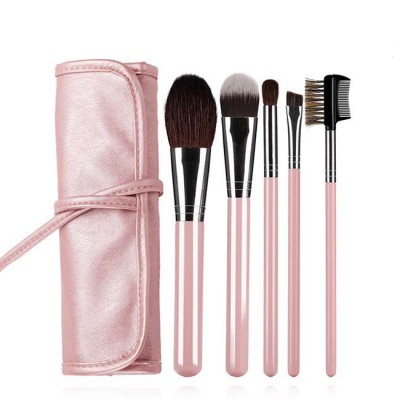 5 pcs hot selling custom logo soft wool glitter pink handle makeup brushes set beauty fashion tool PU pink roll-up pouch HXT-002