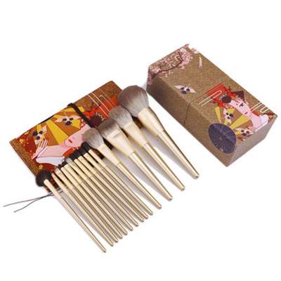 HXT-059 14pcs luxury professional natural hair gold handle makeup beauty tool brush makeup private label